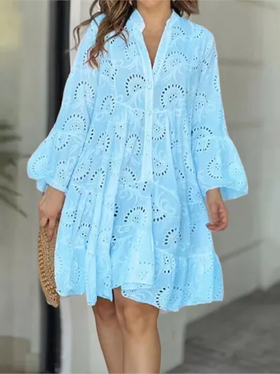 Women Casual Cotton Princess Dress V-Neck Hollow Midi Dress