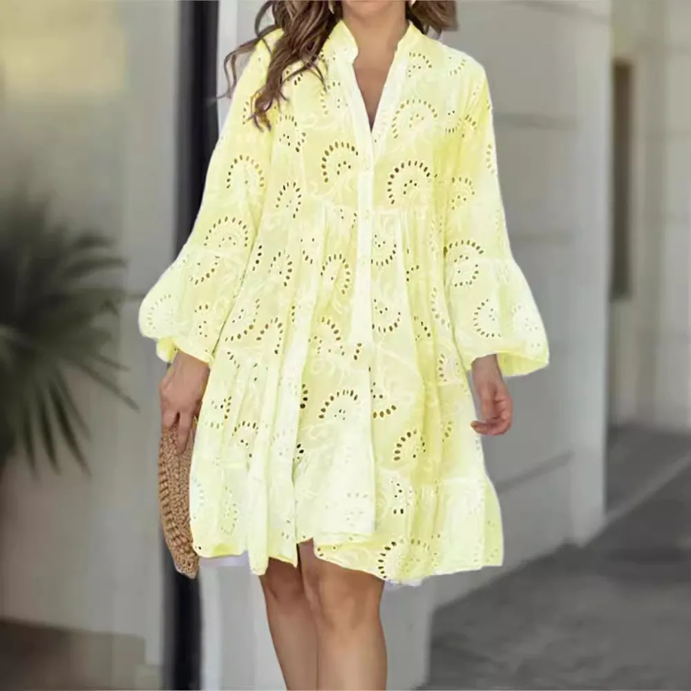Women Casual Cotton Princess Dress V-Neck Hollow Midi Dress
