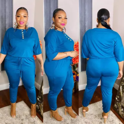 Summer Women Casual Loose Solid Color Lace-Up Plus Size Jumpsuit
