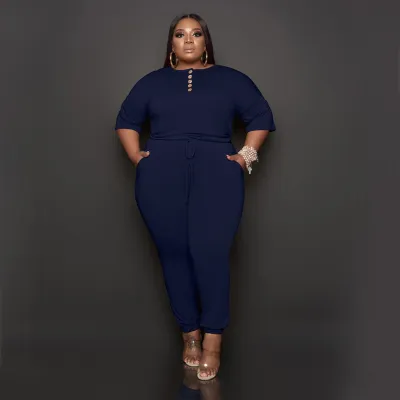Summer Women Casual Loose Solid Color Lace-Up Plus Size Jumpsuit