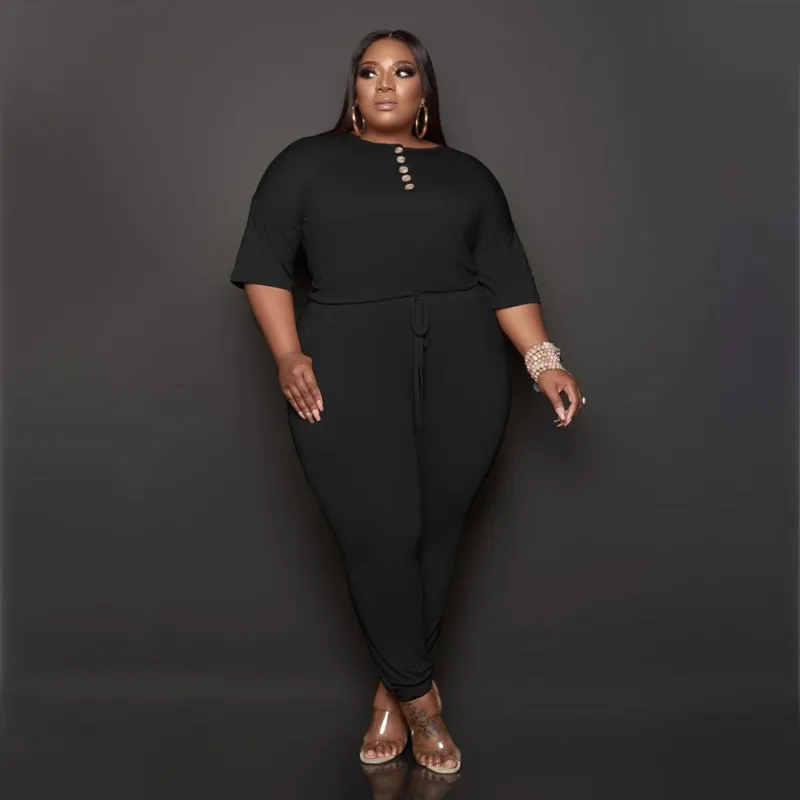 Summer Women Casual Loose Solid Color Lace-Up Plus Size Jumpsuit