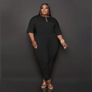 Summer Women Casual Loose Solid Color Lace-Up Plus Size Jumpsuit