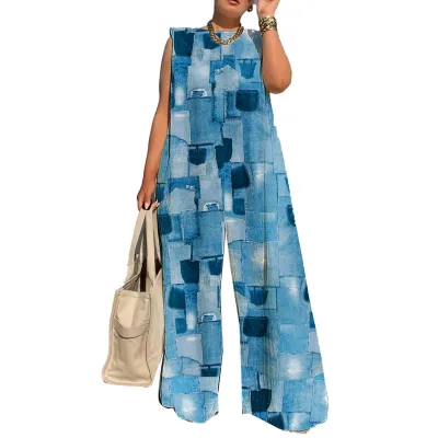 Women Casual Geometric Print Sleeveless Wide Leg Jumpsuits Plus Size