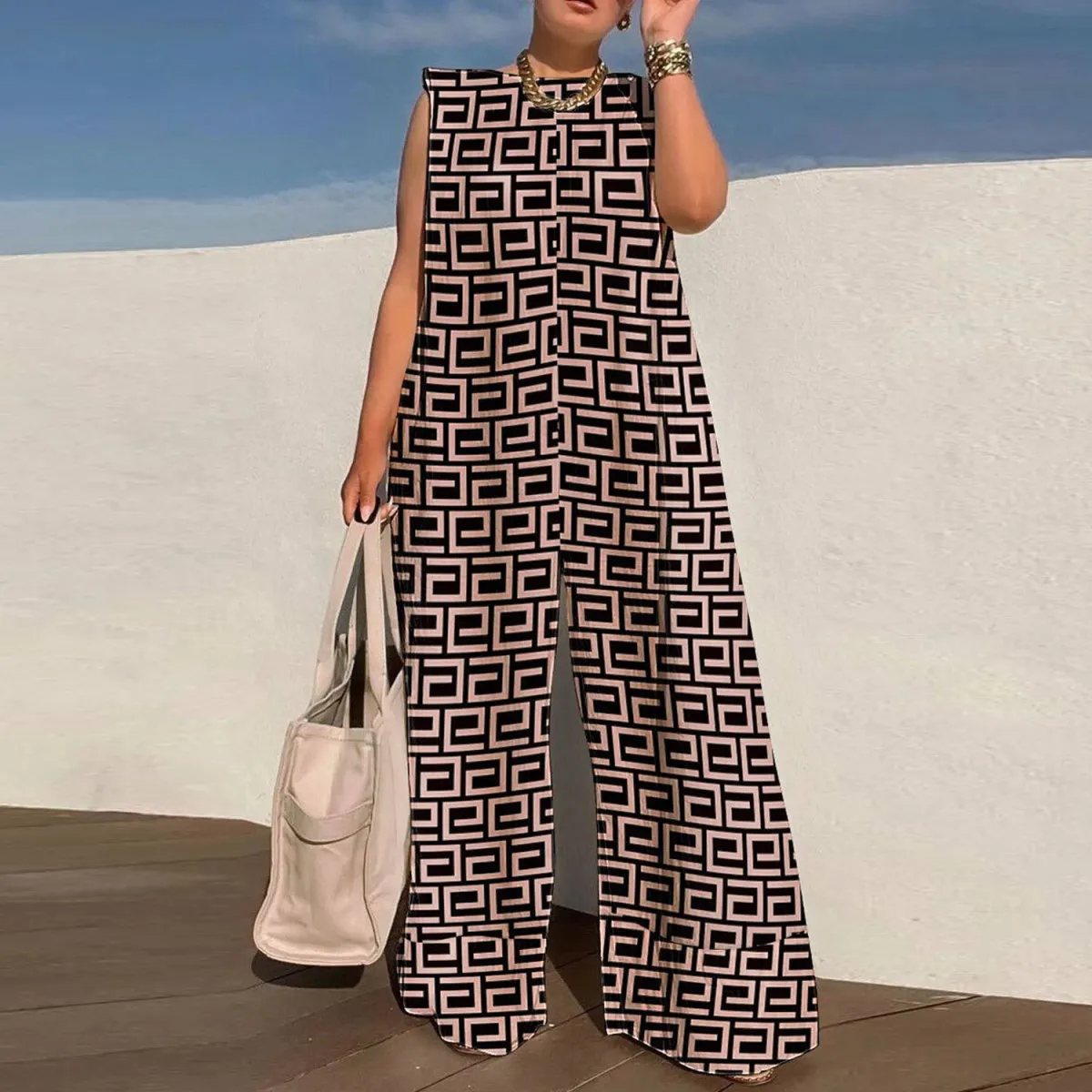 Women Casual Geometric Print Sleeveless Wide Leg Jumpsuits Plus Size