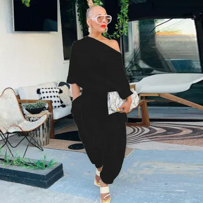 Women Fashion Sexy Plus Size Solid Color Backless Loose Jumpsuits