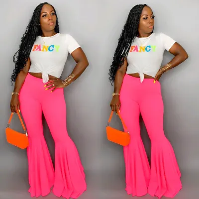 Women Casual Plus Size Solid Color Micro Flared Pants