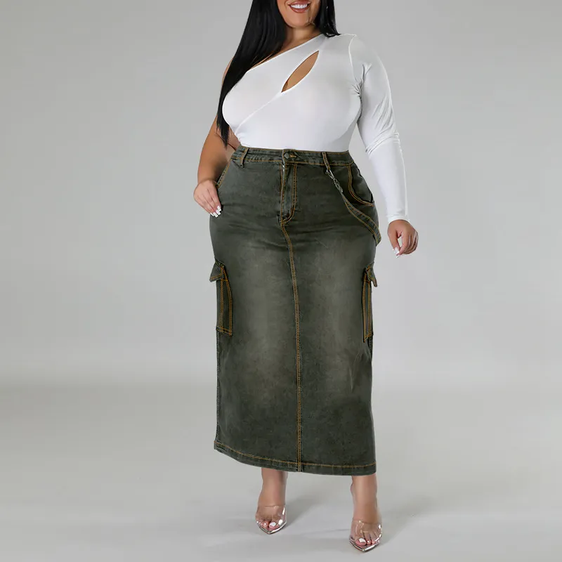 Women Plus Size Multi-Pocket Denim Skirt Long Dress Japanese Korean Casual