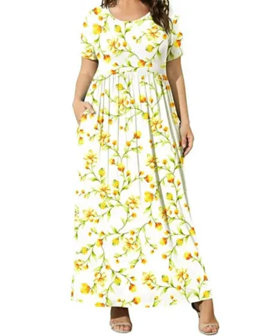 Summer Women Casual Plus Size Floral Print Round Neck Short Sleeve Maxi Dress