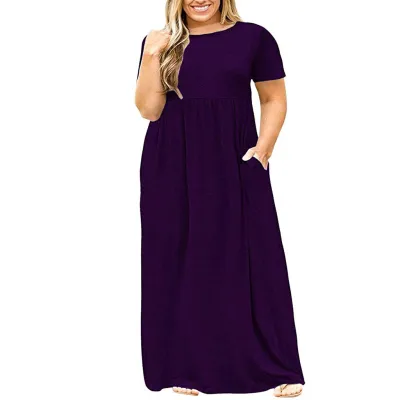 Summer Women Casual Plus Size Floral Print Round Neck Short Sleeve Maxi Dress