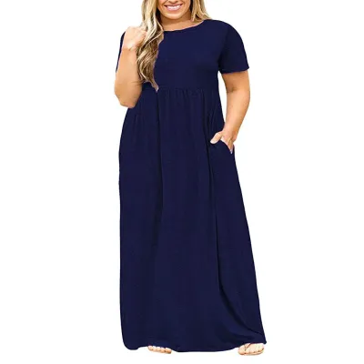 Summer Women Casual Plus Size Floral Print Round Neck Short Sleeve Maxi Dress