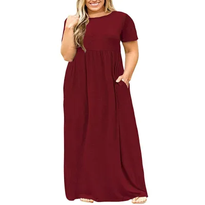 Summer Women Casual Plus Size Floral Print Round Neck Short Sleeve Maxi Dress