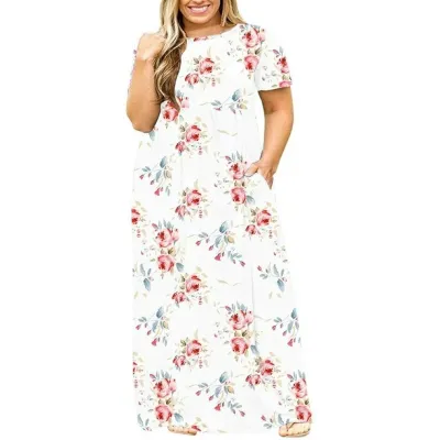 Summer Women Casual Plus Size Floral Print Round Neck Short Sleeve Maxi Dress