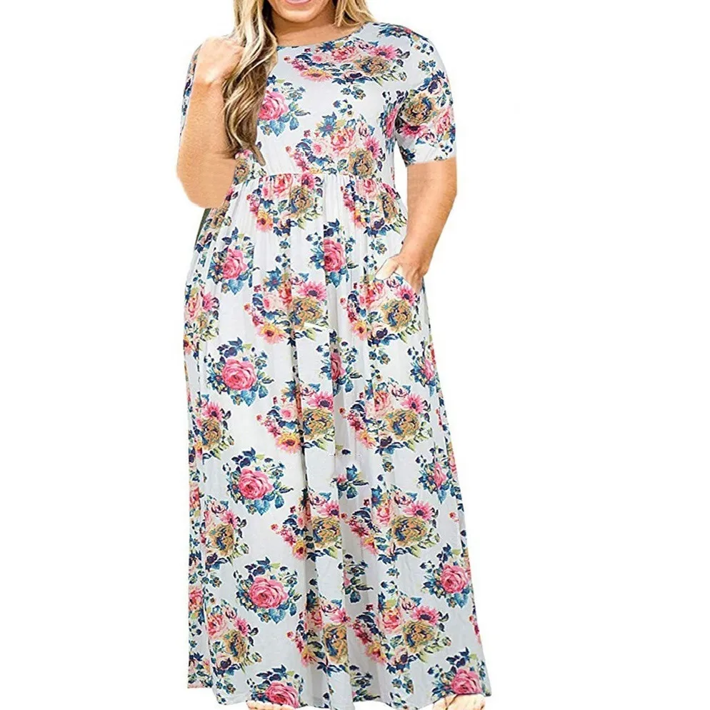 Summer Women Casual Plus Size Floral Print Round Neck Short Sleeve Maxi Dress