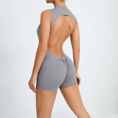 Women's Solid Color Backless Yoga Rompers - Athleisure Hip Lifting Tight Fit