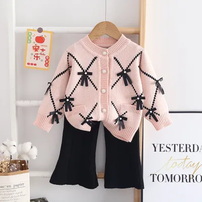 Girl's Winter Fashion Bow Sweater And Pants Knit Two-Piece Outfit Set