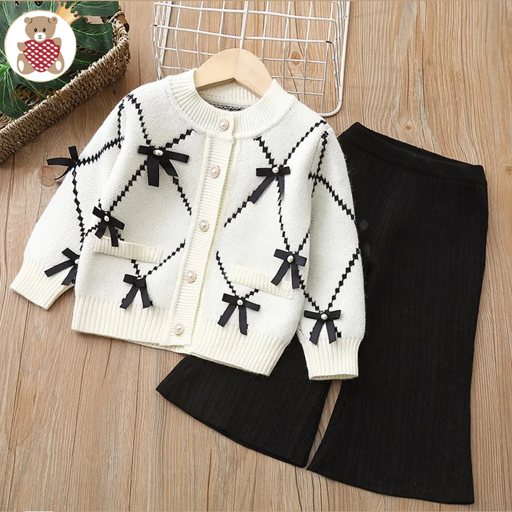 Girl's Winter Fashion Bow Sweater And Pants Knit Two-Piece Outfit Set