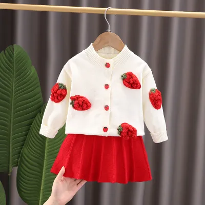 Girl's Winter Fruit Embroidered Knit Pullover and Skirt Two-Piece Set