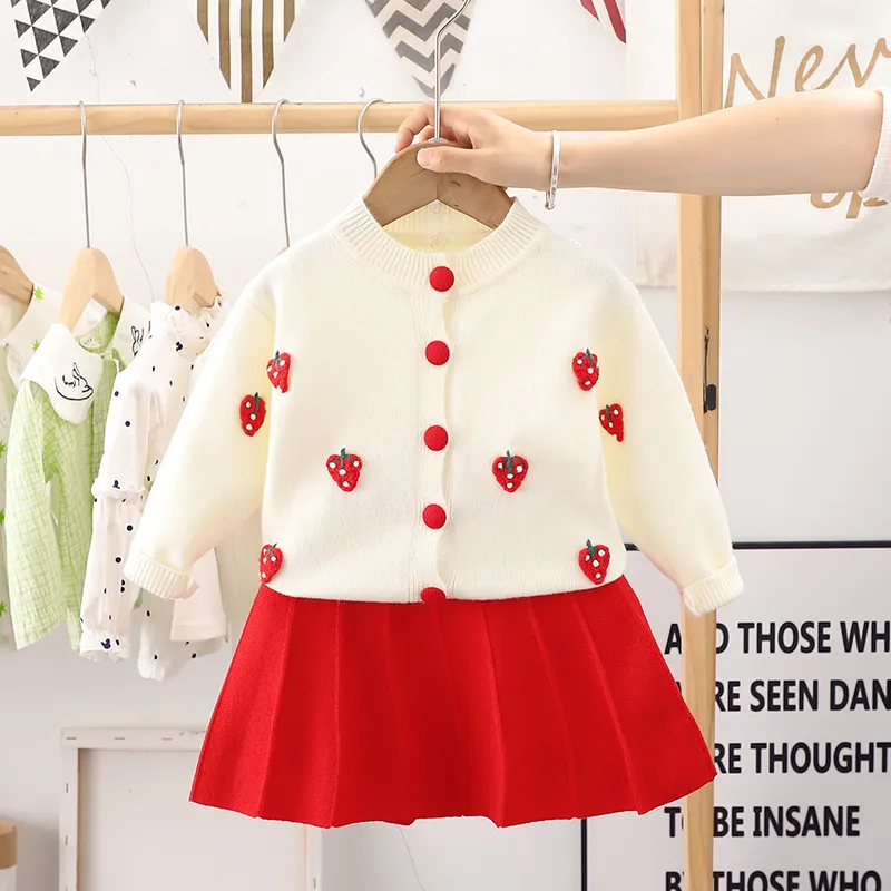 Girl's Winter Fruit Embroidered Knit Pullover and Skirt Two-Piece Set