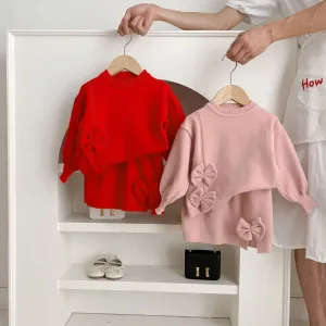 Winter Children Fashion Solid Color Bow Knit Sweater And Skirt Two-Piece Set
