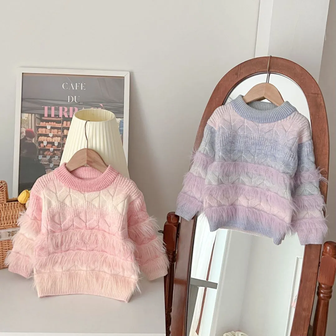 Winter Fashion Gradient Girls Plush Sweater Long Sleeve Crewneck Pullover Stripe