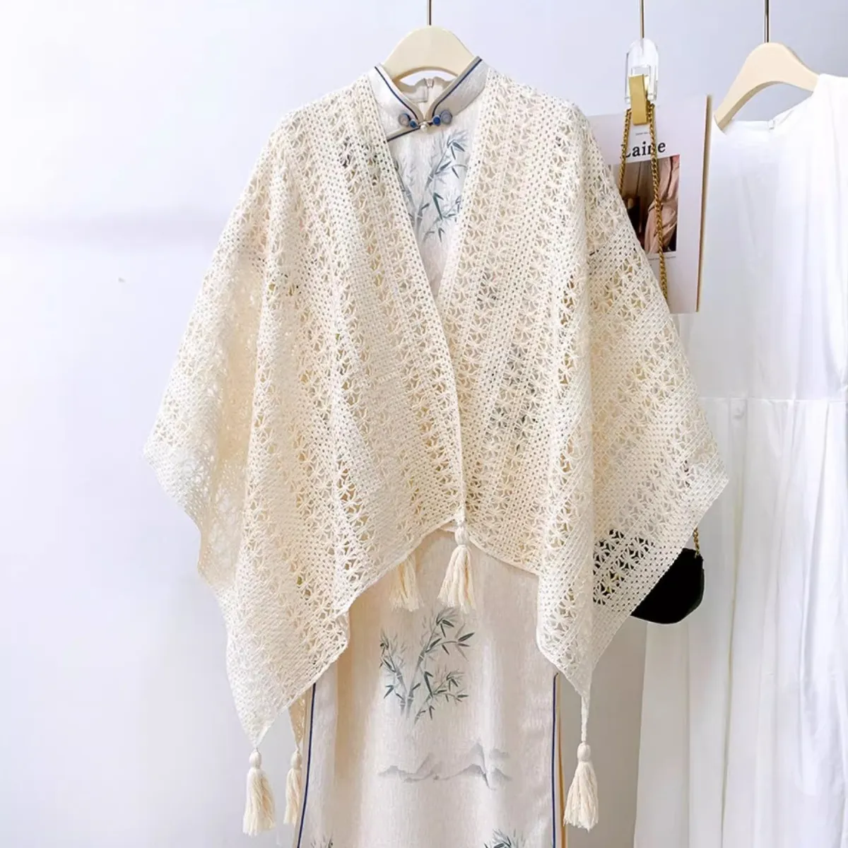 Women Vintage Knitted Tassel Cardigan Shawl - Solid Color Polyester