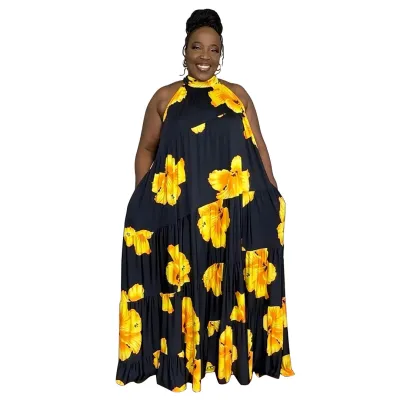 Summer Women Fashion Color Block Floral Print Plus Size Sleeveless Swing Dress
