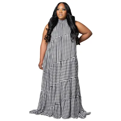 Summer Women Fashion Color Block Floral Print Plus Size Sleeveless Swing Dress