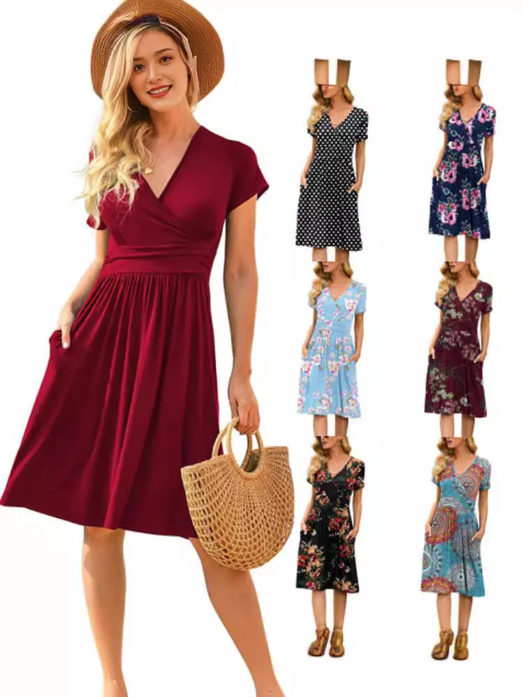 Summer Women Casual Floral Dot Print Deep V Short Sleeve Midi Dress