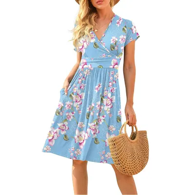 Summer Women Casual Floral Dot Print Deep V Short Sleeve Midi Dress