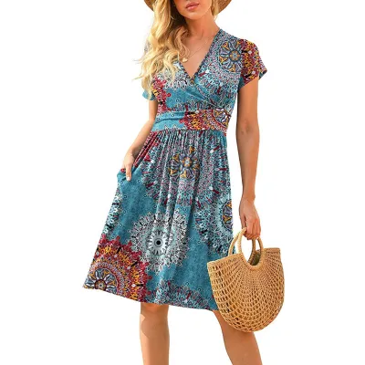 Summer Women Casual Floral Dot Print Deep V Short Sleeve Midi Dress