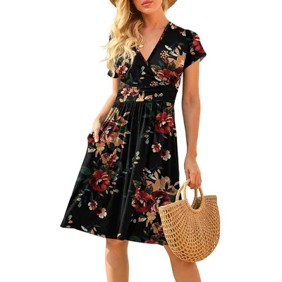Summer Women Casual Floral Dot Print Deep V Short Sleeve Midi Dress
