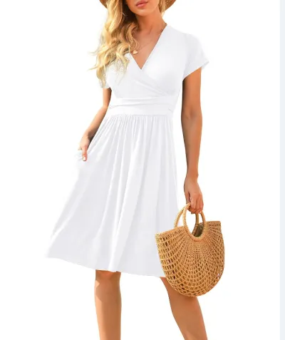 Summer Women Casual Floral Dot Print Deep V Short Sleeve Midi Dress