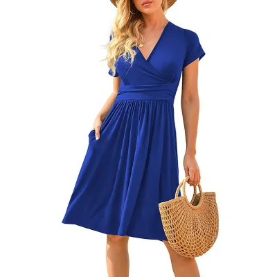 Summer Women Casual Floral Dot Print Deep V Short Sleeve Midi Dress