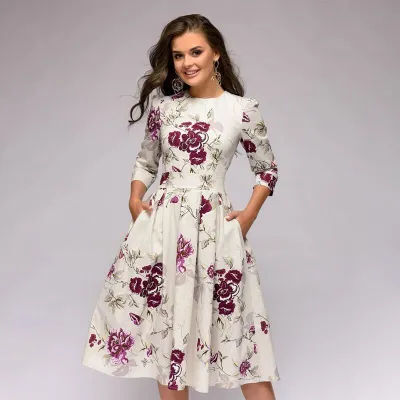 Women Fashion Casual Floral Print Round Neck Dress