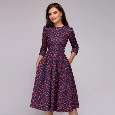 Women Fashion Casual Floral Print Round Neck Dress