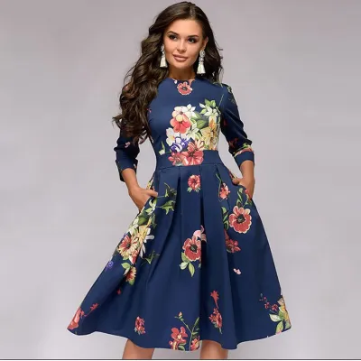 Women Fashion Casual Floral Print Round Neck Dress