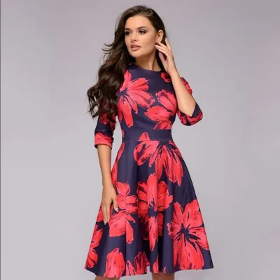 Women Fashion Casual Floral Print Round Neck Dress