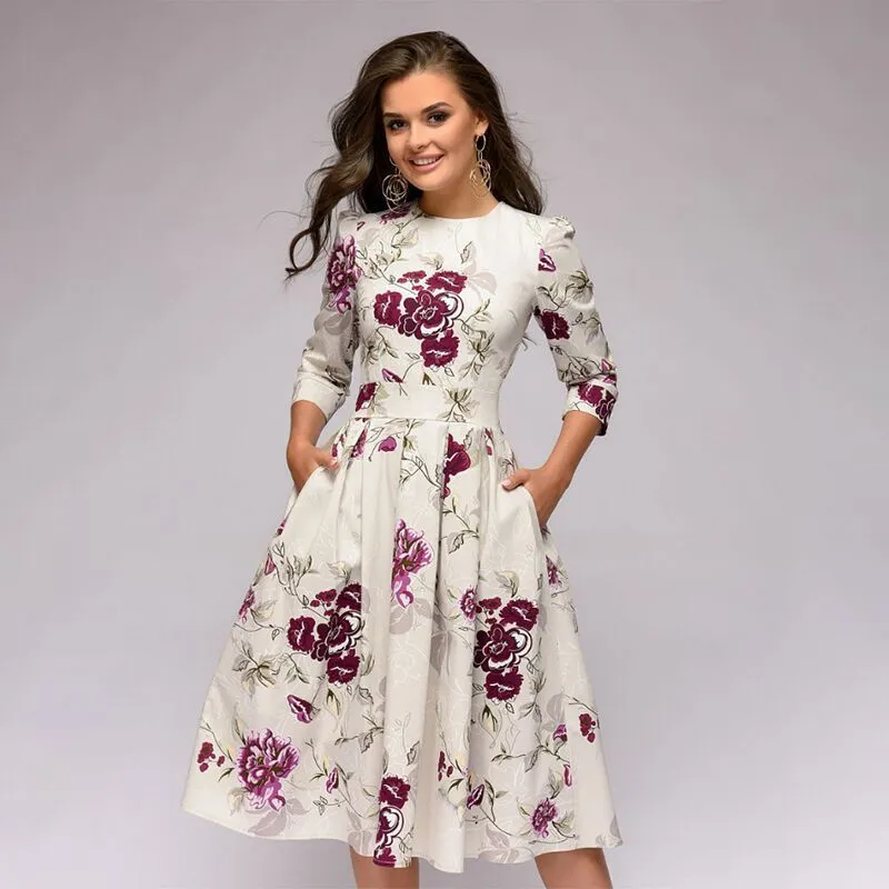Women Fashion Casual Floral Print Round Neck Dress