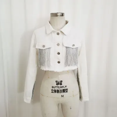 Women Fashion Tassel Long Sleeve Denim Coat