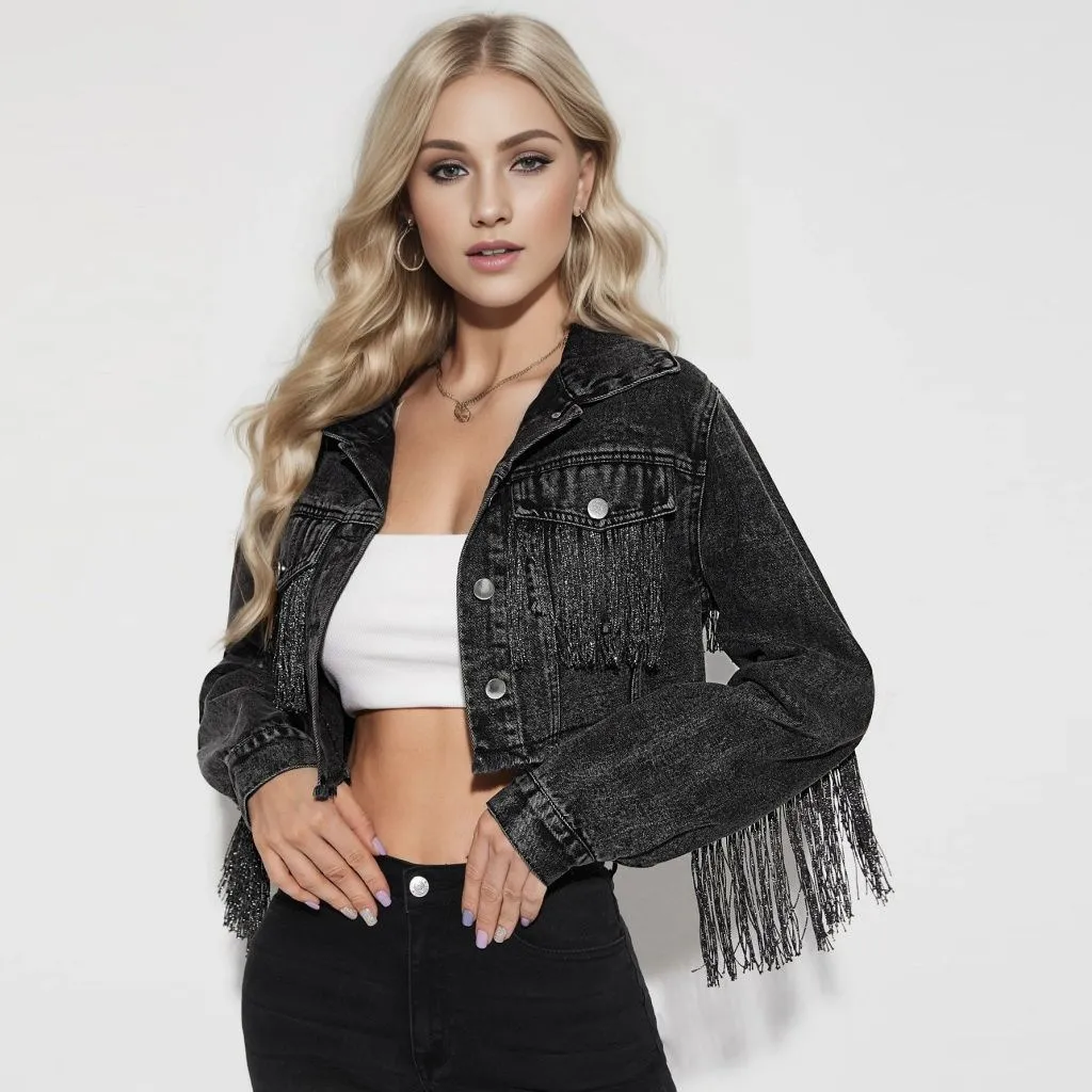 Women Fashion Tassel Long Sleeve Denim Coat