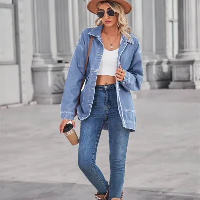 Women Retro Classic Loose Extra Long Denim Jacket