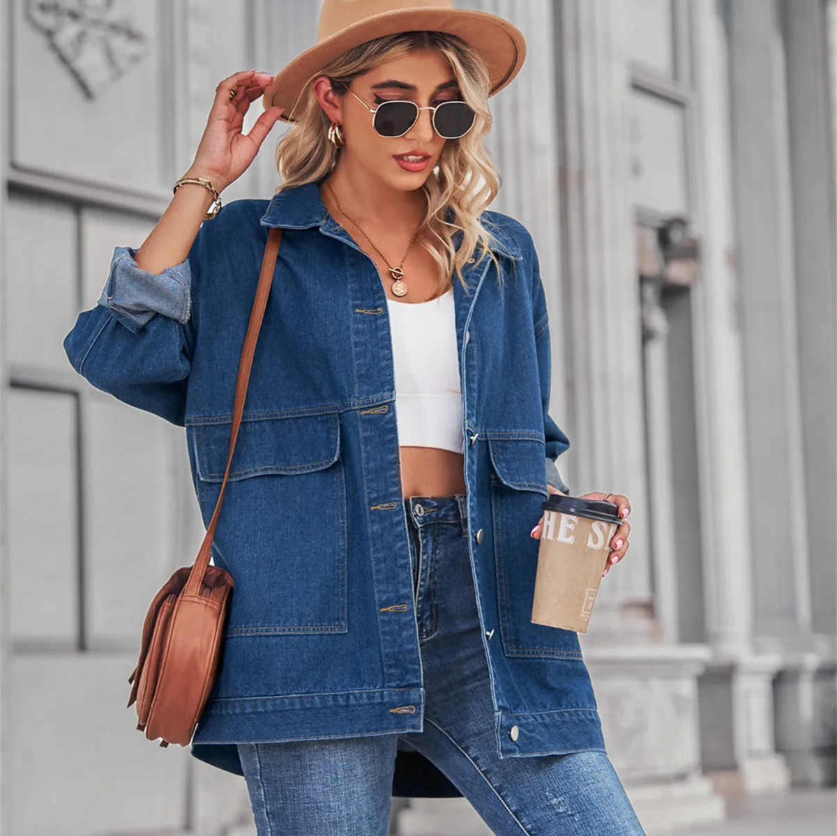 Women Retro Classic Loose Extra Long Denim Jacket