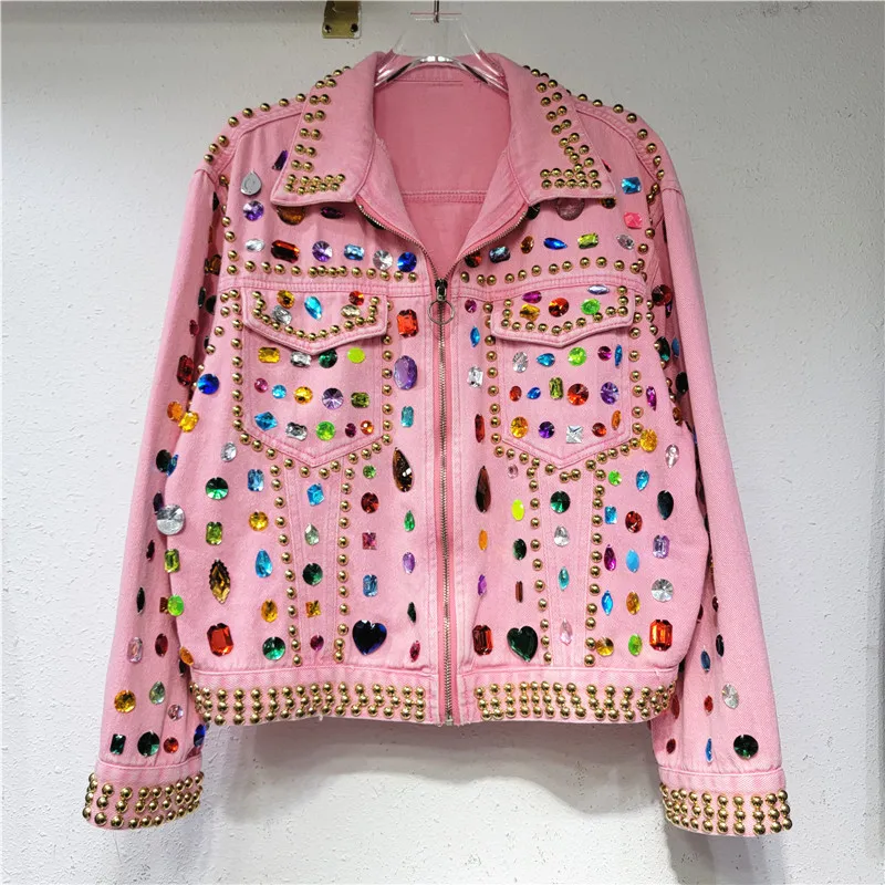 Women Fashion Heavy Industry Diamond Pink Long Sleeve Denim Coat Jacket