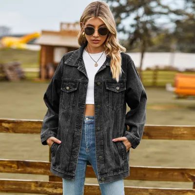 Women Retro Loose Denim Jacket Long Sleeve Button Front Street Style