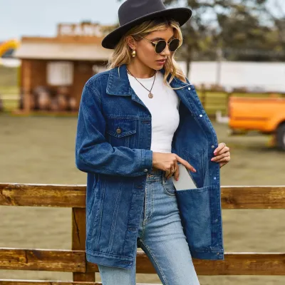 Women Retro Loose Denim Jacket Long Sleeve Button Front Street Style