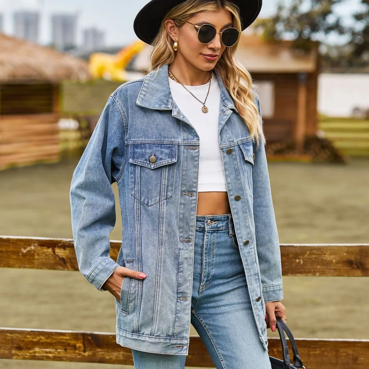 Women Retro Loose Denim Jacket Long Sleeve Button Front Street Style