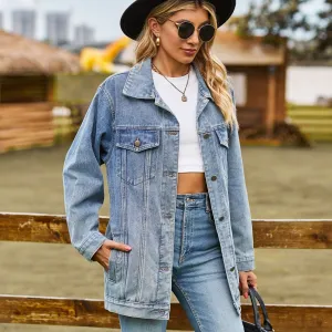 Women Retro Loose Denim Jacket Long Sleeve Button Front Street Style