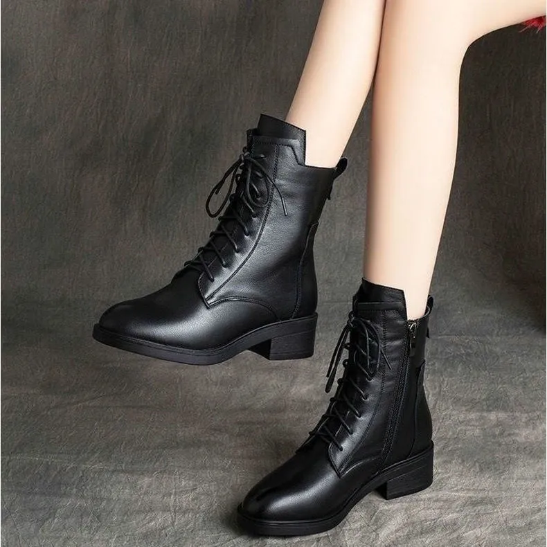 Women Fashion Plus Size English Style Side Zipper Strap PU Ankle Boots