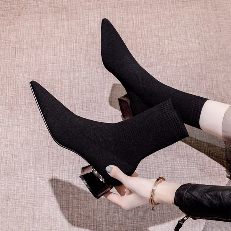 Women Fashion Knit Pointed Toe Mid Heel Short Boots Solid Color Slip On