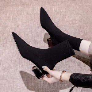 Women Fashion Knit Pointed Toe Mid Heel Short Boots Solid Color Slip On